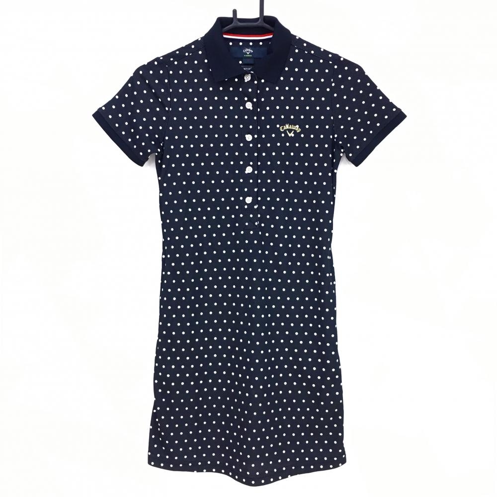【超美品】キャロウェイ 半袖ポロワンピース 黒×白 ドット 総柄 ロゴ刺しゅう  レディース S ゴルフウェア Callaway