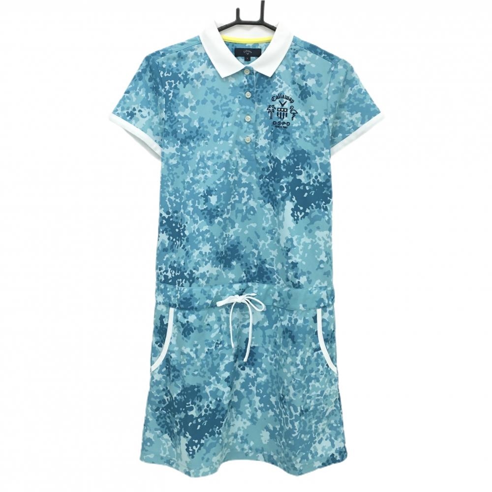 【超美品】キャロウェイ 半袖ポロワンピース ライトブルー×ブルー カモフラ調 ロゴネイビー レディース L ゴルフウェア Callaway