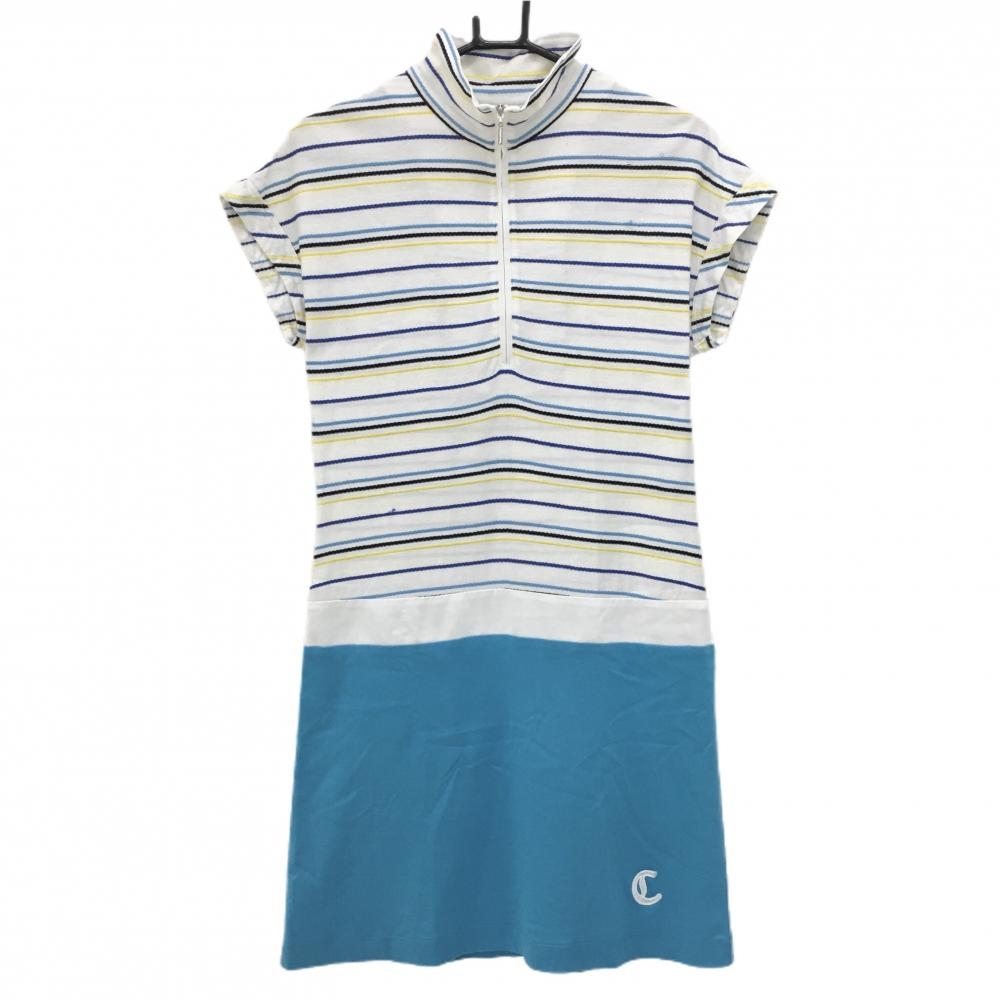 キャロウェイ 半袖ハイネックワンピース 白×ライトブルー 上部ボーダー ハーフジップ  レディース L ゴルフウェア Callaway