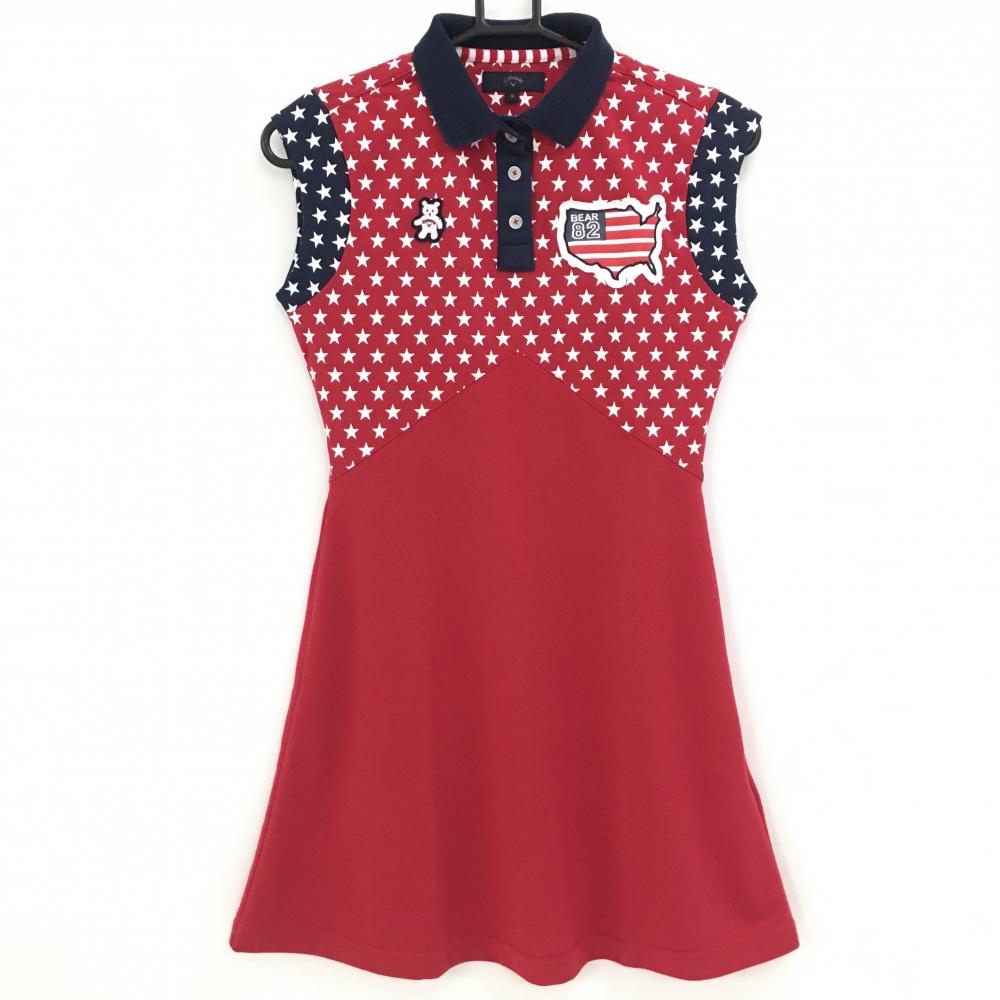 キャロウェイ ノースリーブワンピース レッド×ネイビー 上部星柄 ベア レディース S ゴルフウェア Callaway