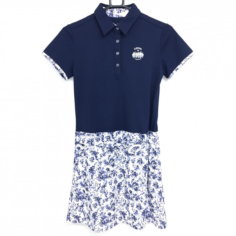 【超美品】キャロウェイ 半袖ポロワンピース ネイビー×白 スカート花柄 裏地付  レディース S ゴルフウェア Callaway