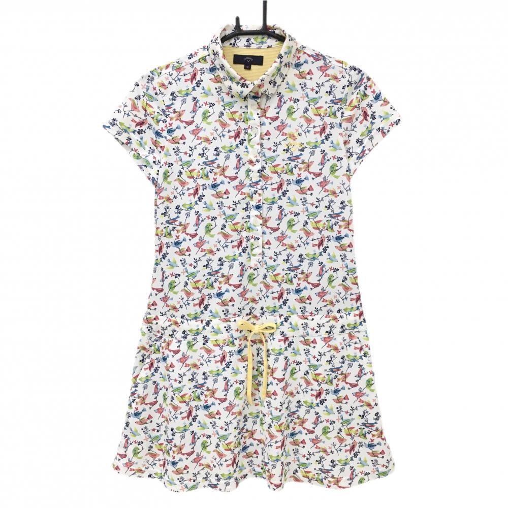 キャロウェイ 半袖ワンピース 白×マルチカラー 小鳥総柄 裏地付 レディース M ゴルフウェア Callaway