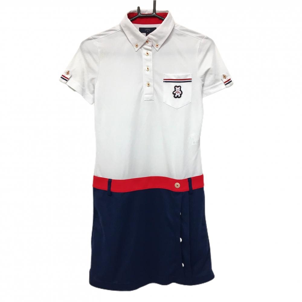 キャロウェイ 半袖ポロワンピース 白×ネイビー ベア ボタンダウン  レディース M ゴルフウェア Callaway