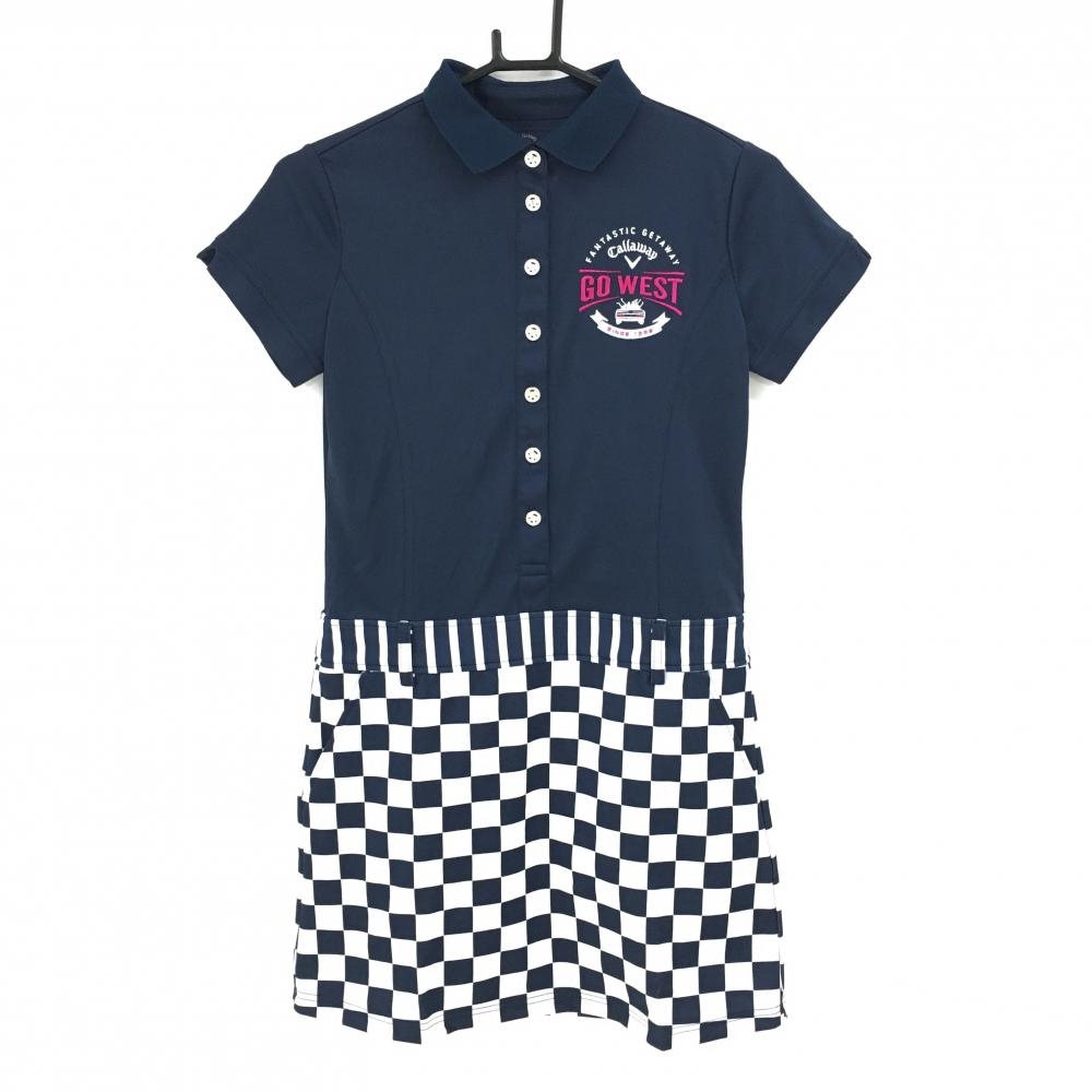 【超美品】キャロウェイ 半袖ポロワンピース ネイビー×白 スカート部ブロックチェック ロゴ刺しゅう レディース S ゴルフウェア Callaway