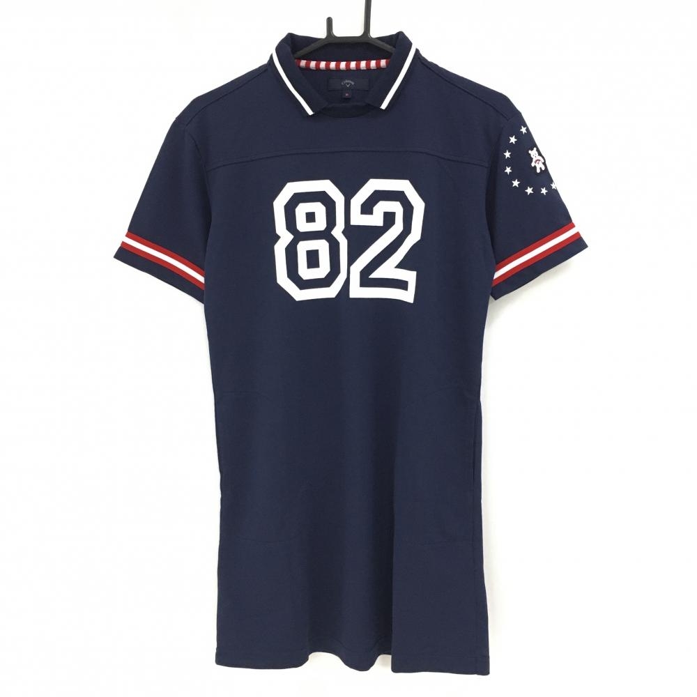 キャロウェイ 襟付き半袖ワンピース ネイビー×白 襟・袖口ライン 袖ベアワッペン  レディース M ゴルフウェア Callaway