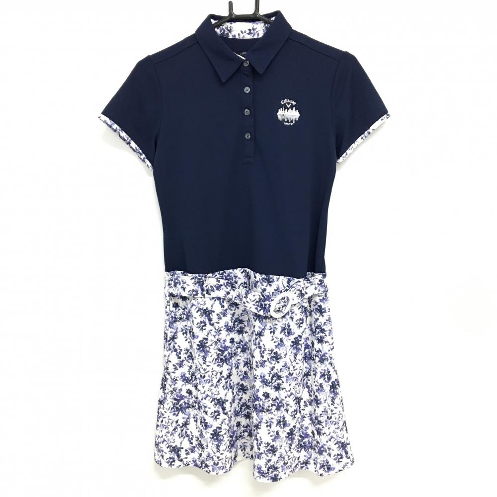 【美品】キャロウェイ 半袖ポロワンピース ネイビー×白 スカート部花柄 ベルト風  レディース M ゴルフウェア Callaway