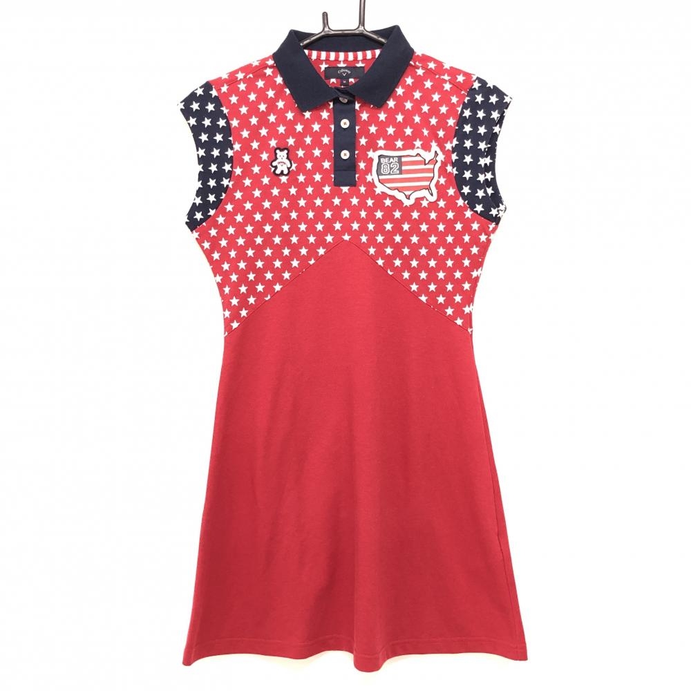 キャロウェイ ノースリーブポロワンピース レッド×ネイビー 上部星柄 ベアワッペン レディース M ゴルフウェア Callaway