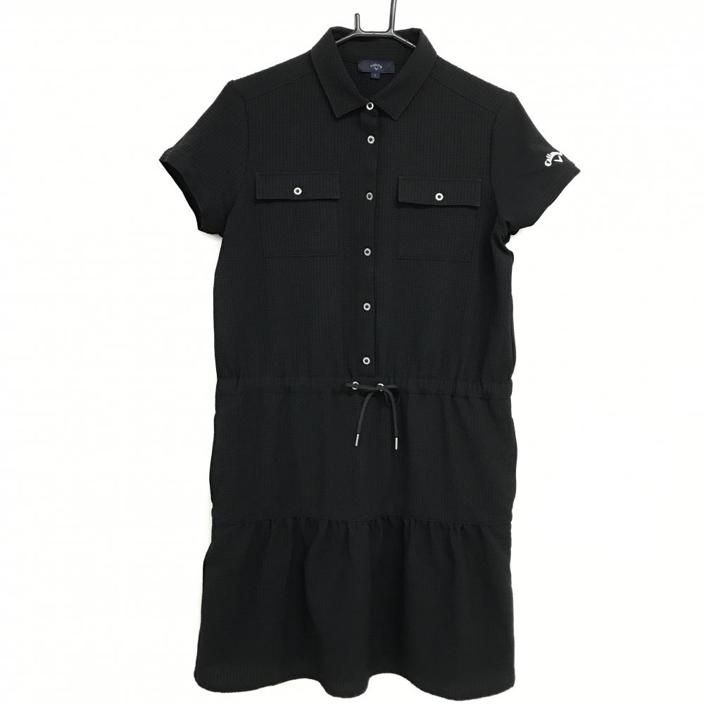 【超美品】キャロウェイ 半袖ポロワンピース 黒 ストライプ地模様 ストレッチ  レディース L ゴルフウェア 2024年モデル Callaway