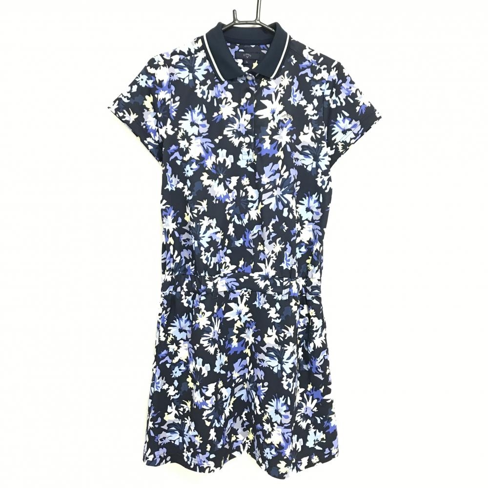 【超美品】キャロウェイ 半袖ポロワンピース ネイビー×白 花柄 スカート部裏地付 レディース LL ゴルフウェア 2025年モデル Callaway