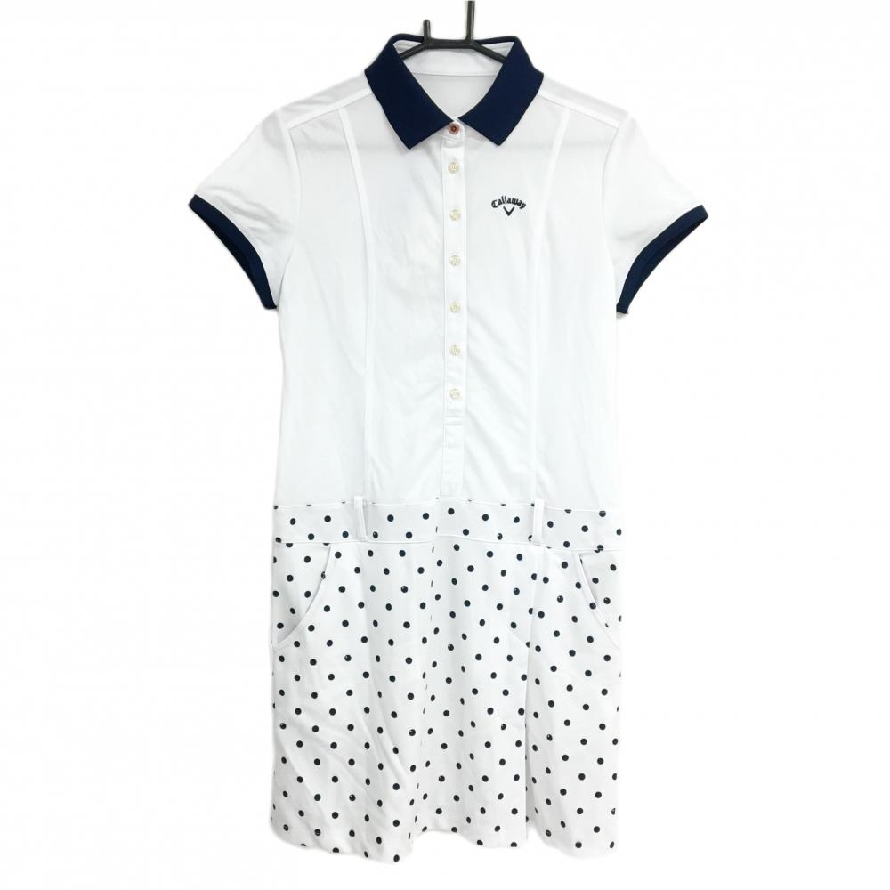【新品】キャロウェイ 半袖ポロワンピース 白×ネイビー スカートドット 襟裏トマト柄  レディース LL ゴルフウェア Callaway
