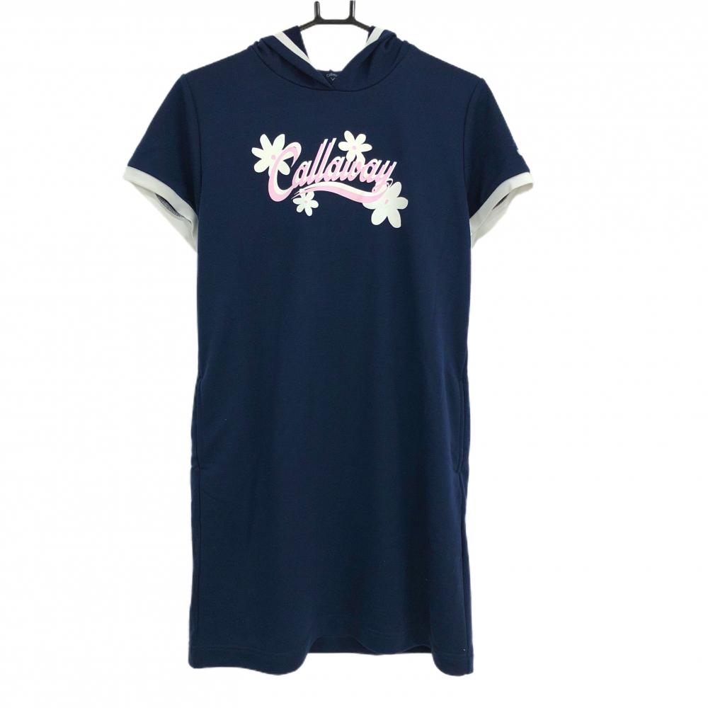 【超美品】キャロウェイ フード付半袖ワンピース ネイビー×白 胸元プリント 花 レディース L ゴルフウェア Callaway