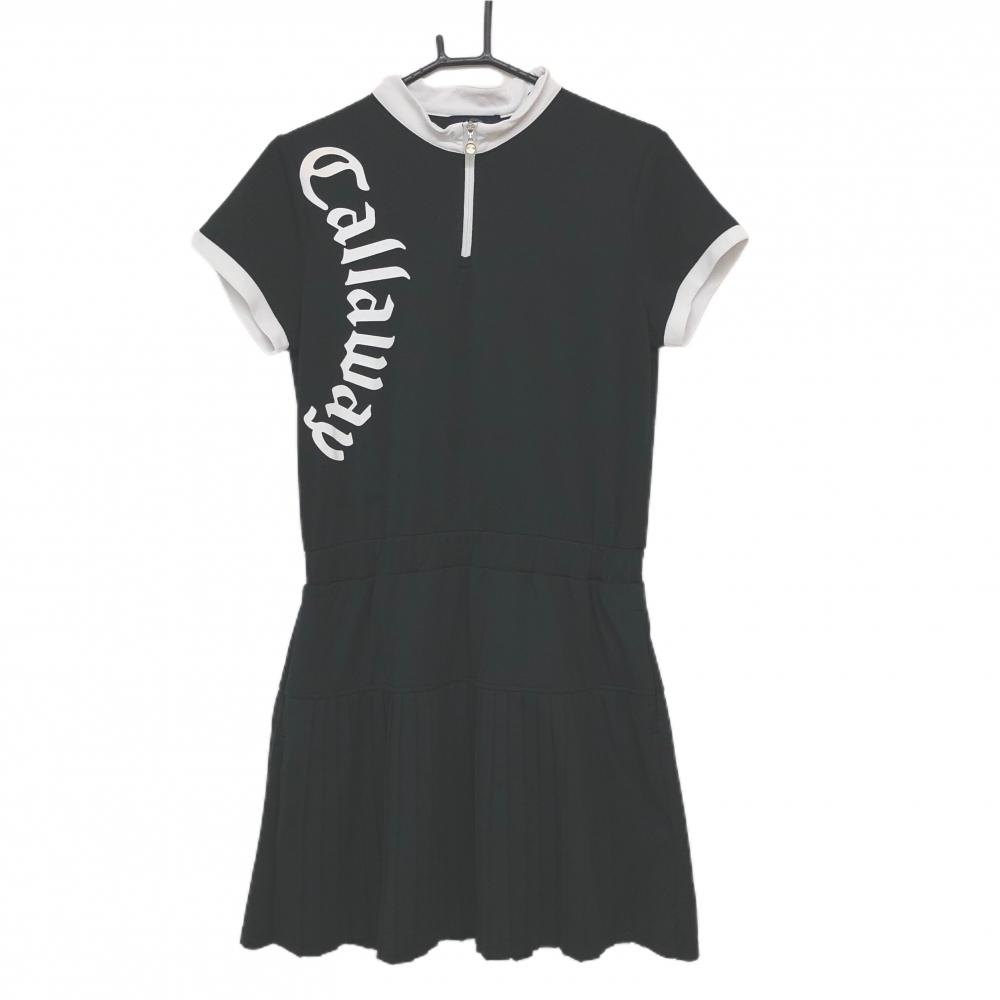 キャロウェイ ハイネックワンピース ダークネイビー×白 ハーフジップ プリーツ スカート部分裏地付 レディース L ゴルフウェア Callaway