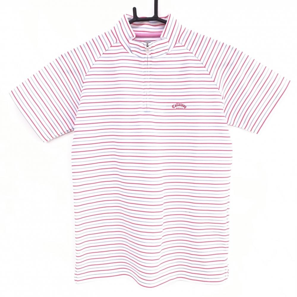 キャロウェイ 半袖ハイネックシャツ 白×ピンク×ライトブルー ボーダー ハーフジップ レディース M ゴルフウェア Callaway 画像