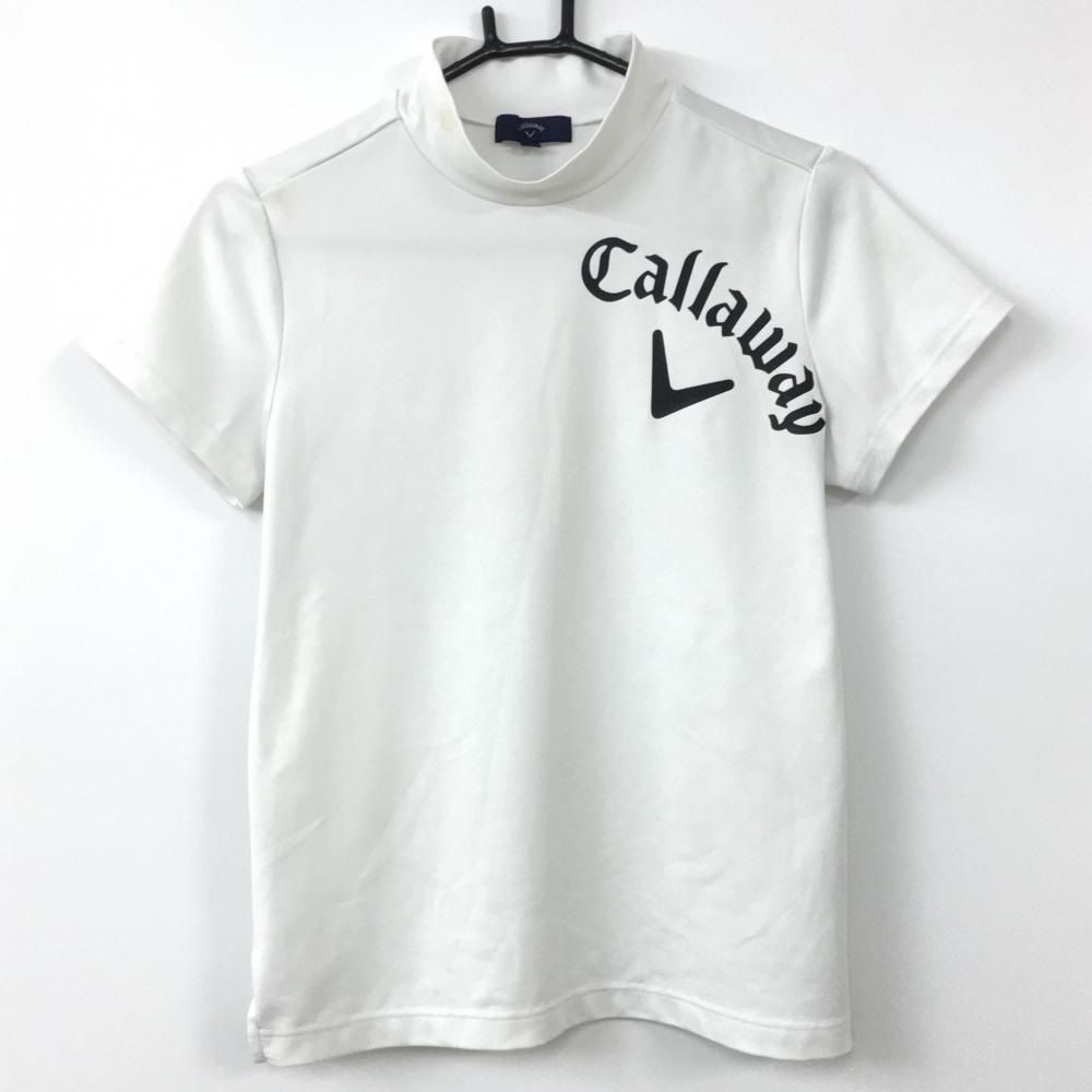 Callaway キャロウェイ 半袖ハイネックシャツ 白×黒 ビッグロゴ ストレッチ レディース M ゴルフウェア