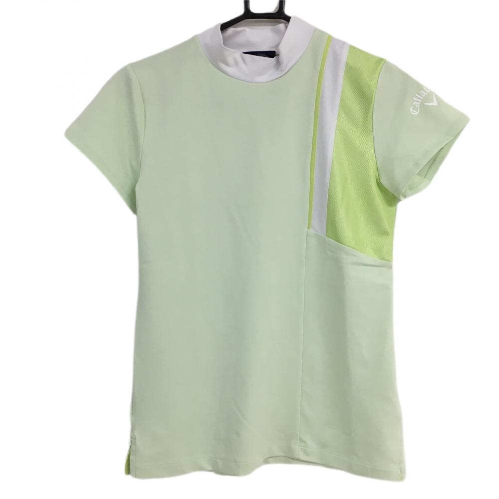 【美品】キャロウェイ 半袖ハイネックシャツ ライトグリーン×白 一部メッシュ レディース M ゴルフウェア 2022年モデル Callaway