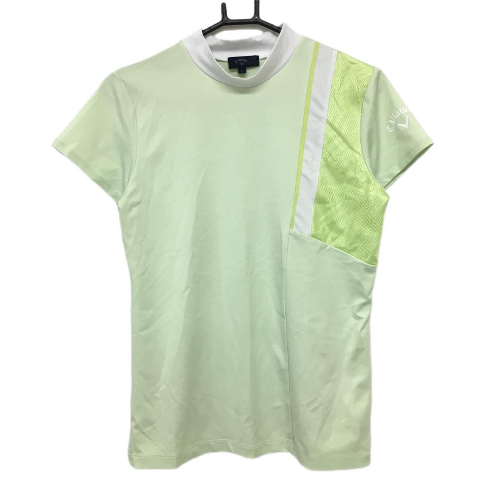 【超美品】キャロウェイ 半袖ハイネックシャツ ライトグリーン×白 一部メッシュ調 レディース L ゴルフウェア 2022年モデル Callaway