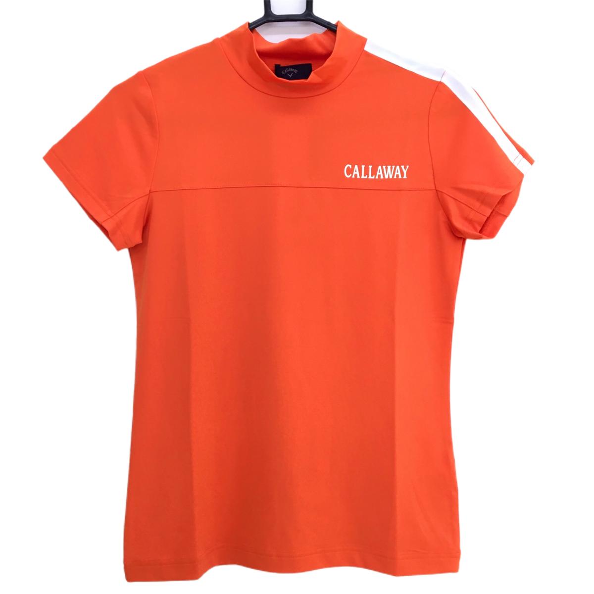 【新品】キャロウェイ 半袖ハイネックシャツ オレンジ×白 肩ライン UPF50 レディース S ゴルフウェア 2023年モデル Callaway
