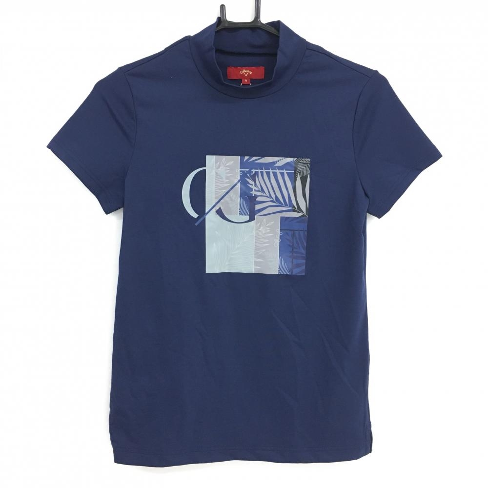 【新品】キャロウェイ レッドレーベル 半袖ハイネックシャツ ネイビー×グレー リーフ柄プリント レディース S ゴルフウェア Callaway