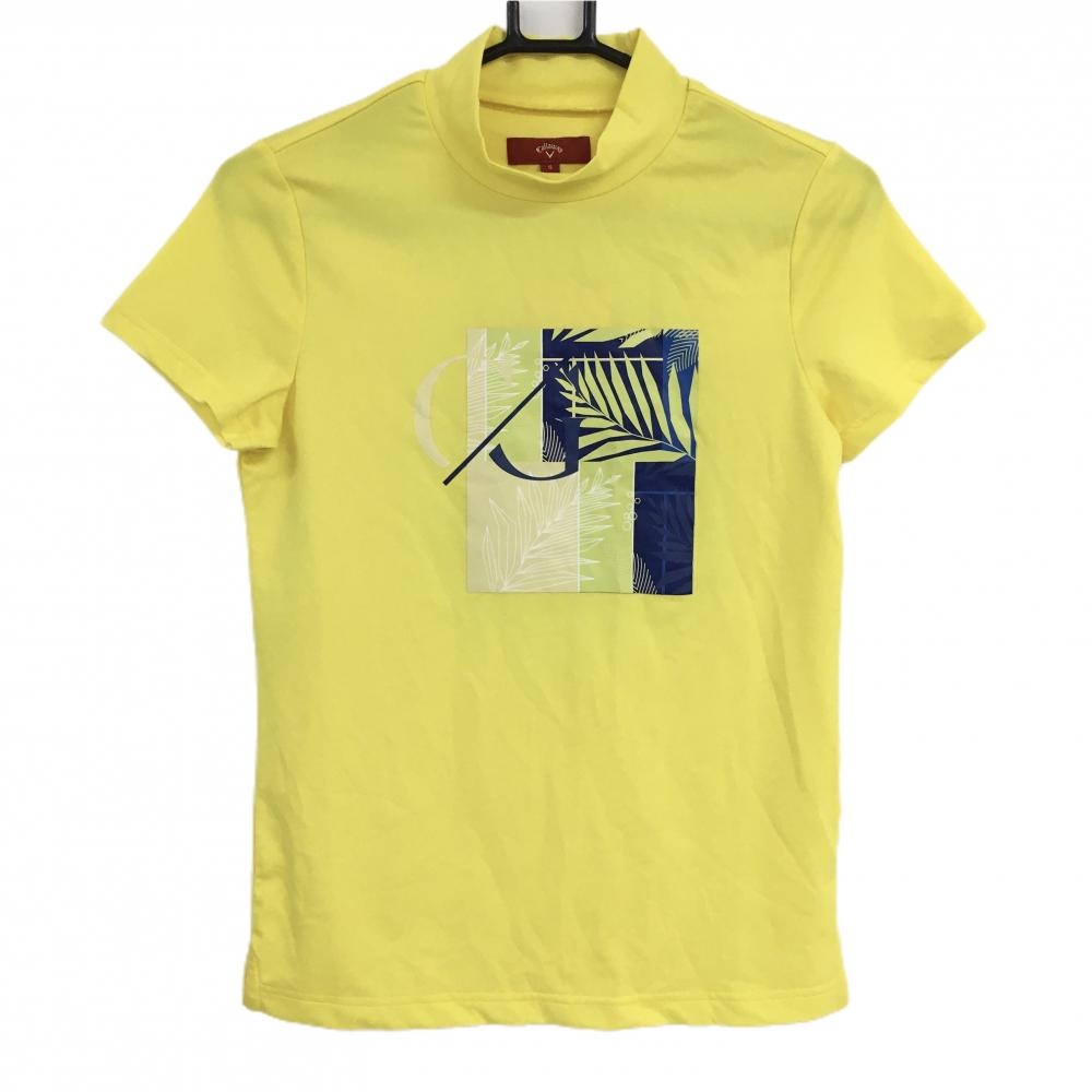 【新品】キャロウェイ レッドレーベル 半袖ハイネックシャツ イエロー×ネイビー リーフ柄プリント レディース S ゴルフウェア Callaway