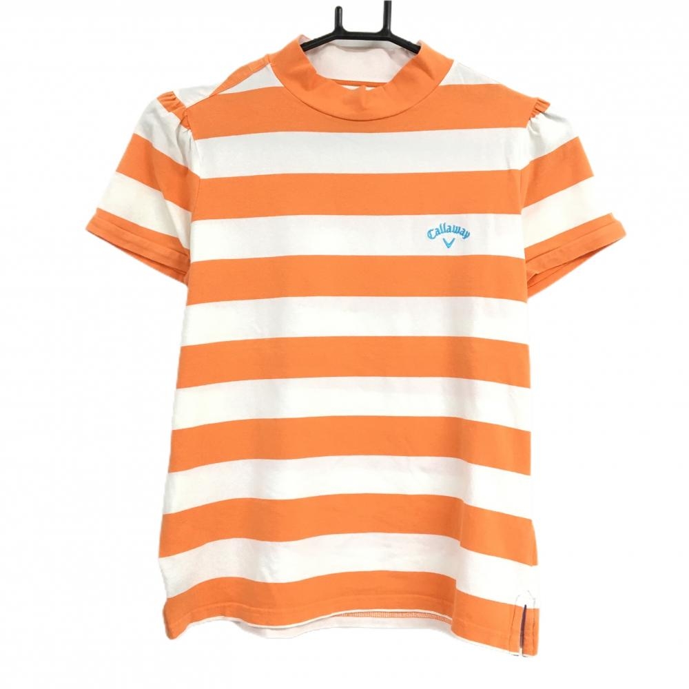 キャロウェイ 半袖ハイネックシャツ オレンジ×白 ボーダー ロゴ刺しゅう  レディース L ゴルフウェア Callaway