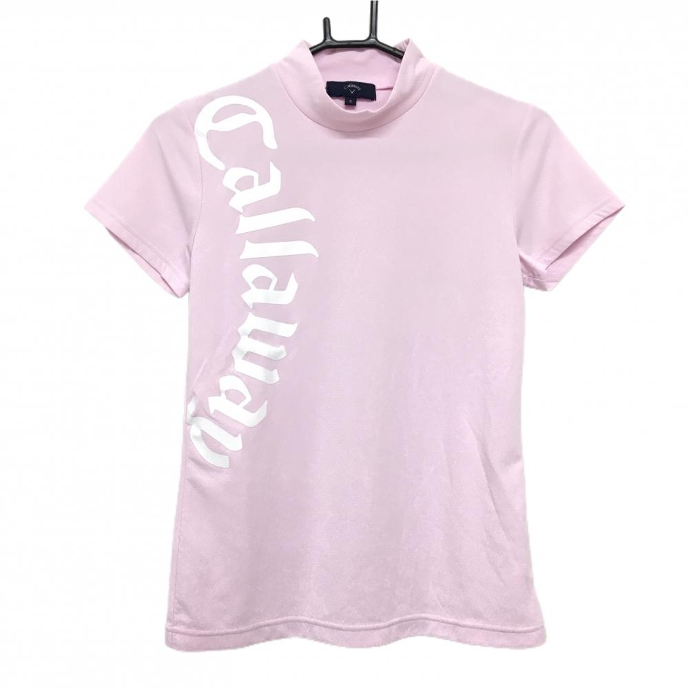 【美品】キャロウェイ 半袖ハイネックシャツ ピンク×白 ロゴプリント レディース S ゴルフウェア 2023年モデル Callaway