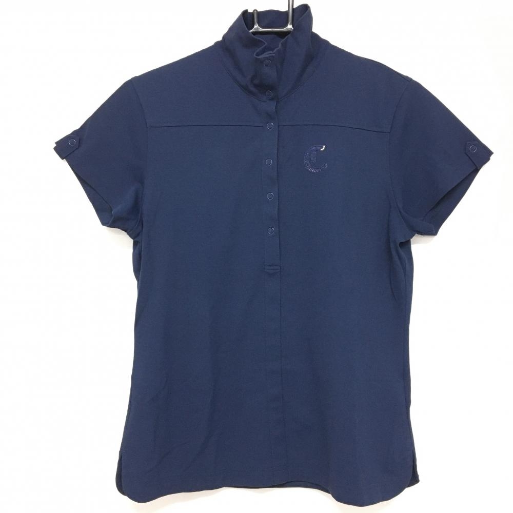 【美品】キャロウェイ 半袖ハイネックシャツ ネイビー スナップボタン ロゴ一部ラインストーン レディース L ゴルフウェア Callaway