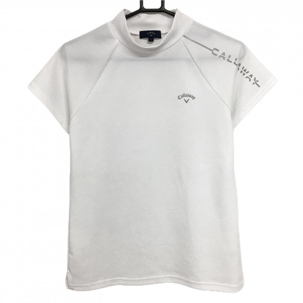 【超美品】キャロウェイ 半袖ハイネックシャツ 白×ライトグレー 袖ロゴ レディース L ゴルフウェア Callaway