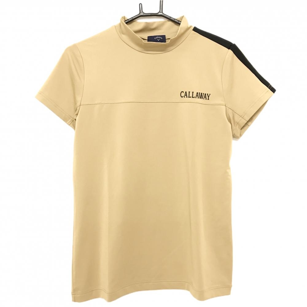 【美品】キャロウェイ 半袖ハイネックシャツ ベージュ系×黒 胸ロゴプリント レディース L ゴルフウェア 2023年モデル Callaway
