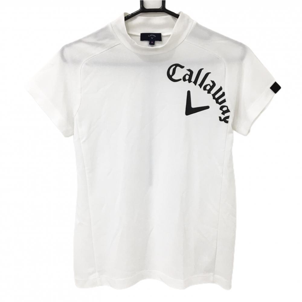 キャロウェイ 半袖ハイネックシャツ 白×黒 ロゴ凹凸プリント レディース M ゴルフウェア Callaway