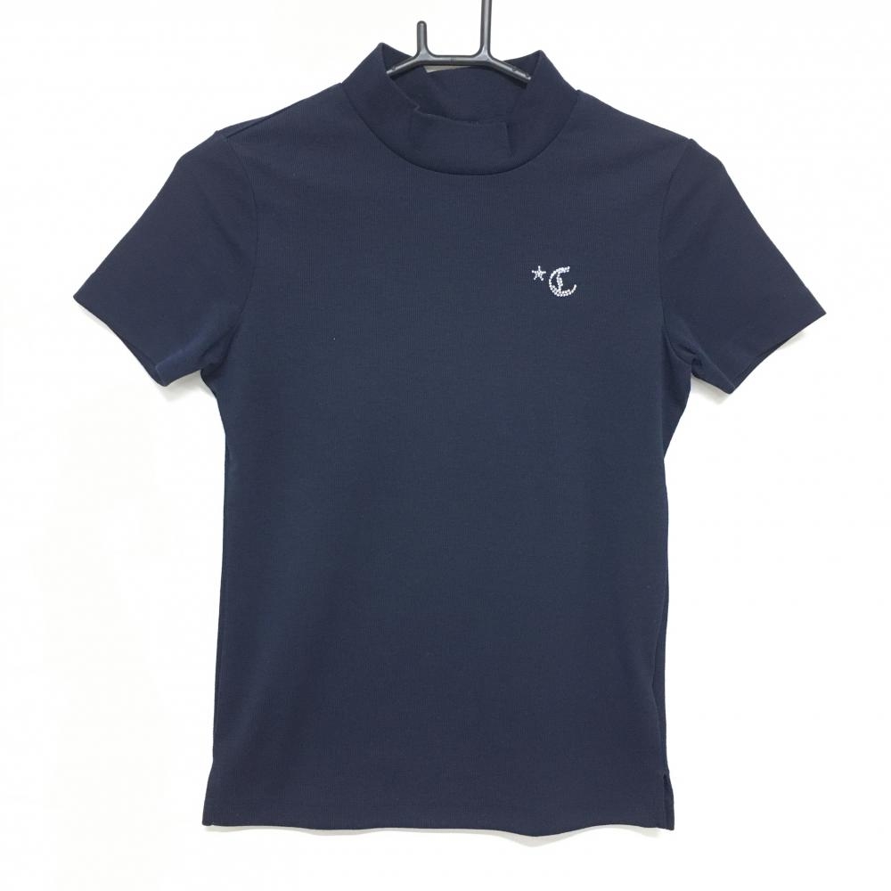 キャロウェイ 半袖ハイネックシャツ ネイビー ロゴラインストーン レディース S ゴルフウェア Callaway