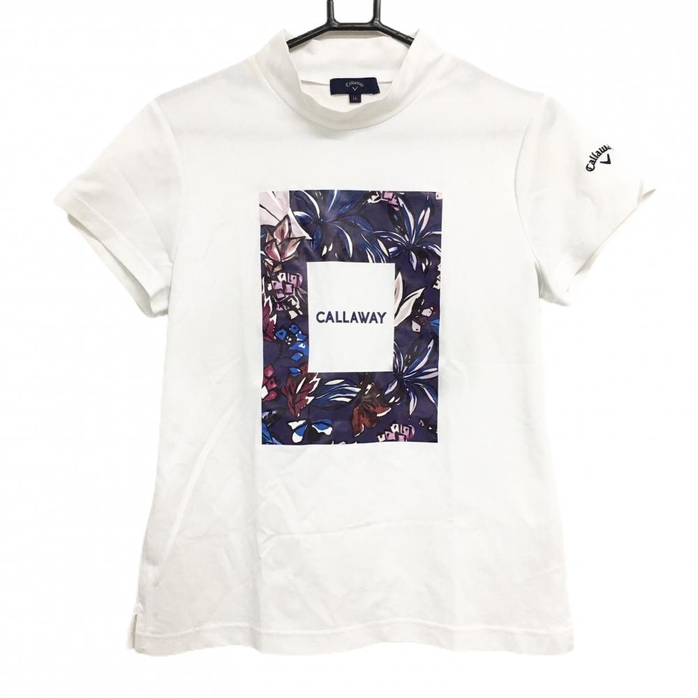 キャロウェイ 半袖ハイネックシャツ 白×パープル系 フロントロゴ レディース LL ゴルフウェア Callaway