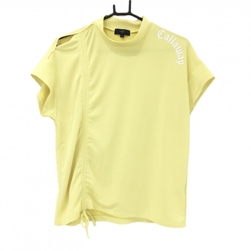 【超美品】キャロウェイ 半袖ハイネックシャツ イエロー メッシュ風生地 ロゴ レディース LL ゴルフウェア 2024年モデル Callaway