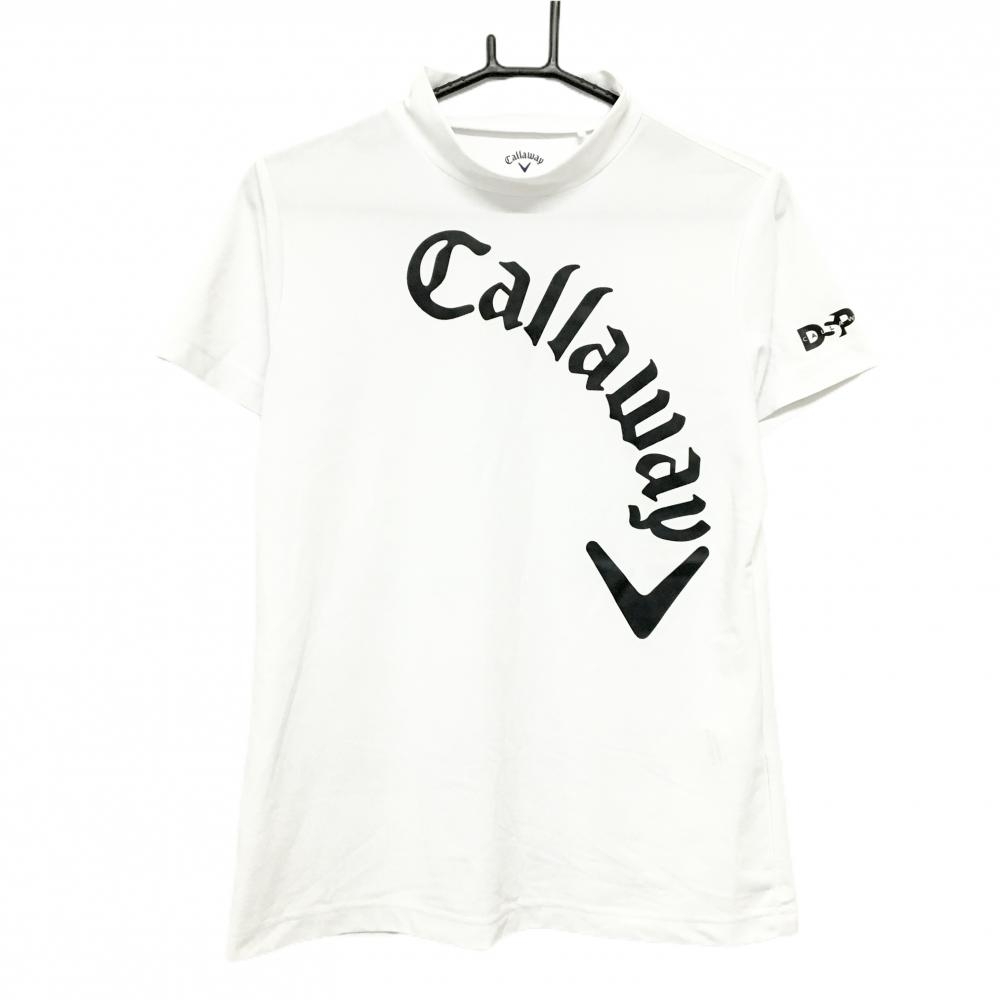 【美品】キャロウェイ 半袖ハイネックシャツ 白×黒 ロゴプリント レディース LL ゴルフウェア Callaway