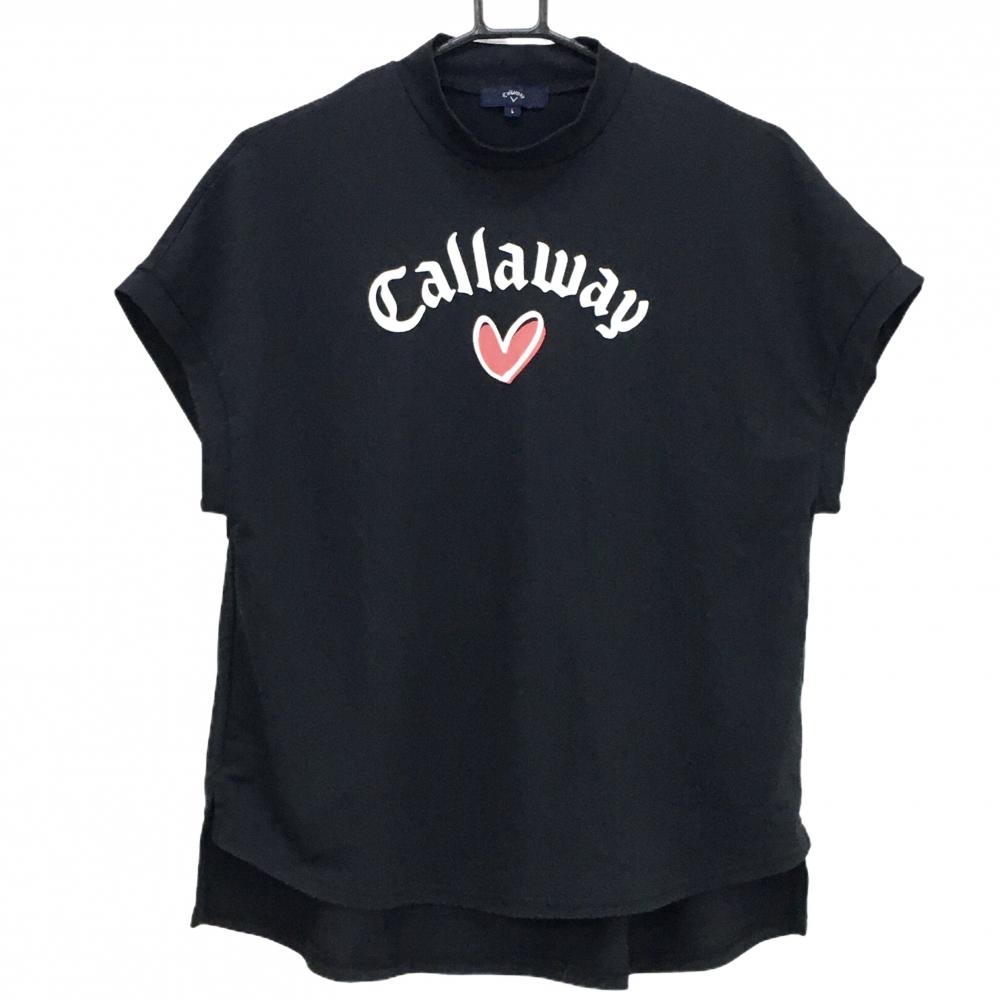 【超美品】キャロウェイ 半袖ハイネックシャツ 黒ロゴプリント ハート レディース L ゴルフウェア Callaway