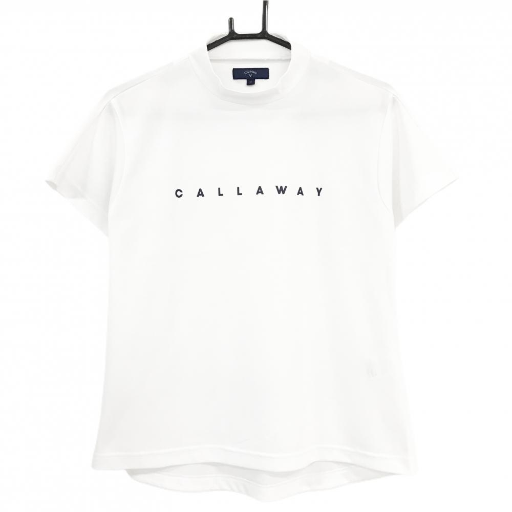 キャロウェイ 半袖ハイネックシャツ 白×ネイビー 地模様 フロントロゴ レディース M ゴルフウェア Callaway