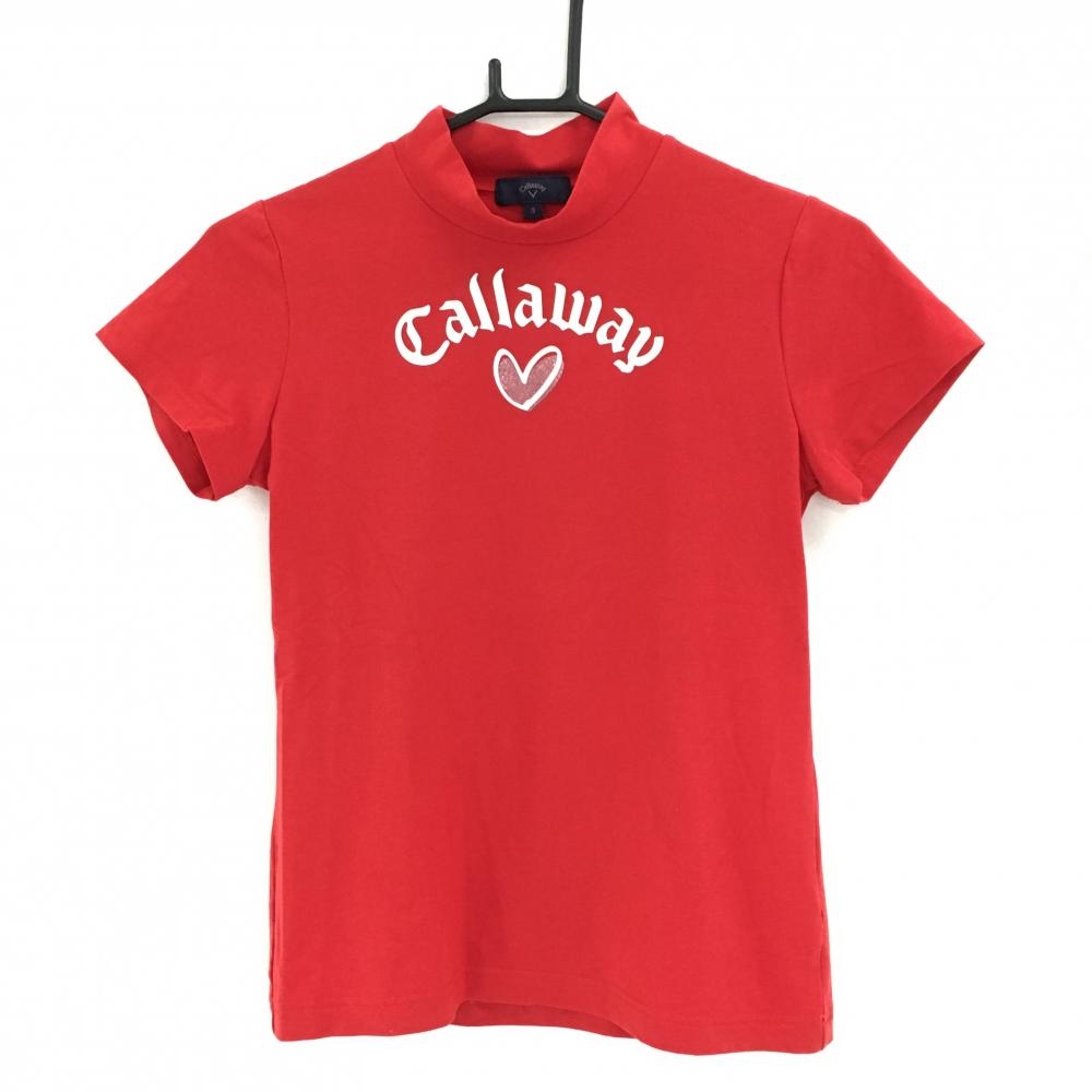 【超美品】キャロウェイ 半袖ハイネックシャツ レッド×白 フロントロゴ ハート  レディース S ゴルフウェア Callaway