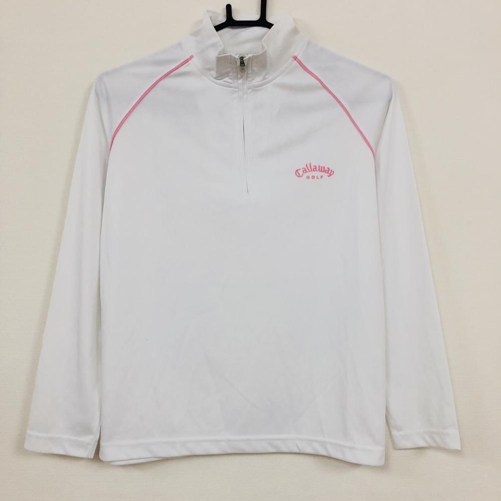 Callaway キャロウェイ 長袖ハイネックシャツ 白×ピンク ハーフジップ 襟、袖汚れ レディース M ゴルフウェア