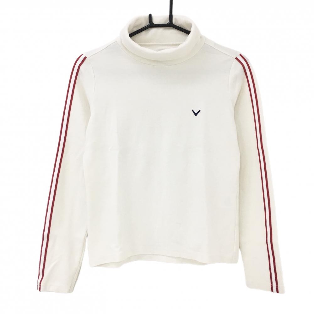 【美品】キャロウェイ 長袖ハイネックシャツ 白×レッド サイドライン ロゴ刺しゅう アクリル混  レディース M ゴルフウェア Callaway