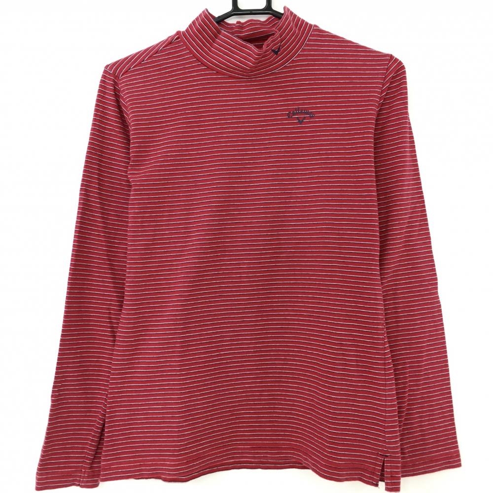 キャロウェイ 長袖ハイネックシャツ レッド×ネイビー ボーダー ロゴプリント レディース M ゴルフウェア Callaway