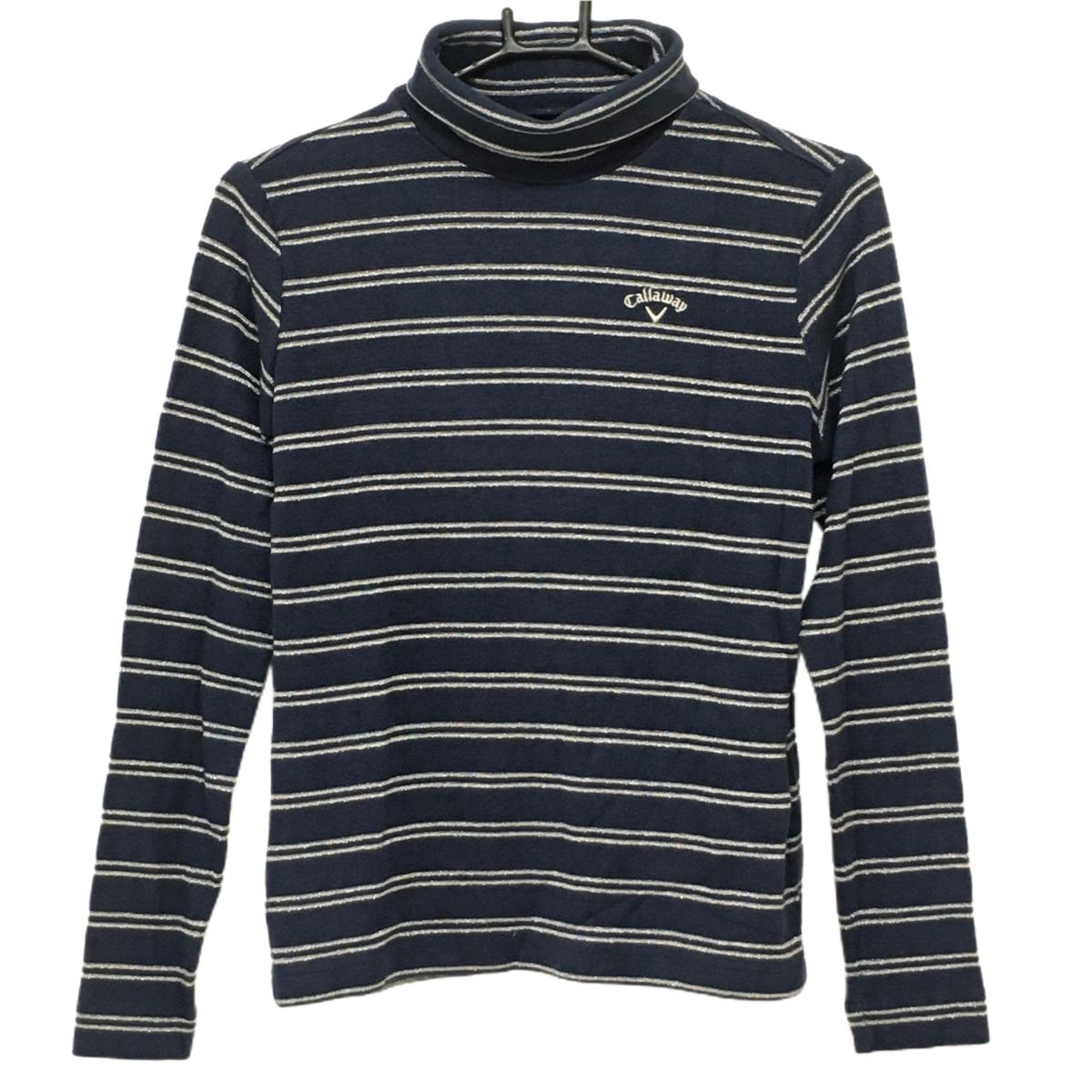 【美品】キャロウェイ 長袖ハイネックシャツ ネイビー×シルバー ボーダー  レディース M ゴルフウェア Callaway