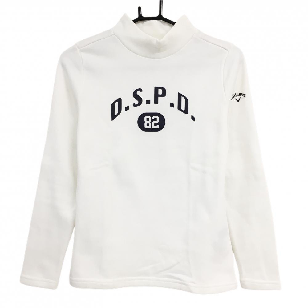 キャロウェイ 長袖ハイネックシャツ 白×ネイビー 胸プリント 裏起毛 レディース M ゴルフウェア Callaway