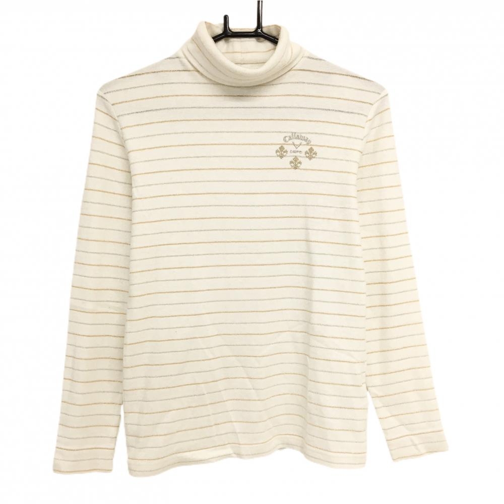 キャロウェイ 長袖ハイネックシャツ 白×ゴールド×シルバー ボーダー 起毛素材 レディース M ゴルフウェア Callaway