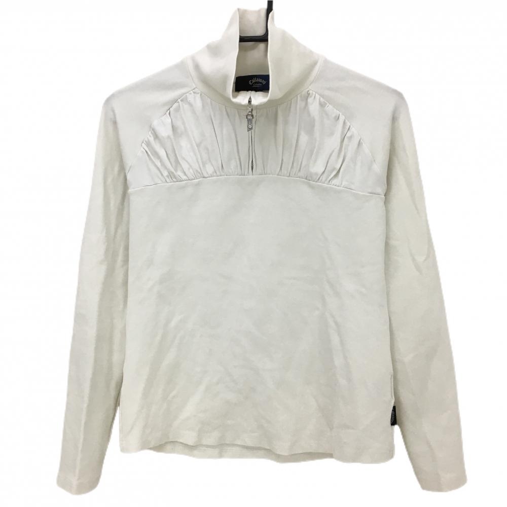 【美品】キャロウェイ 長袖ハイネックシャツ 白 ハーフジップ 一部ギャザー レディース L ゴルフウェア Callaway