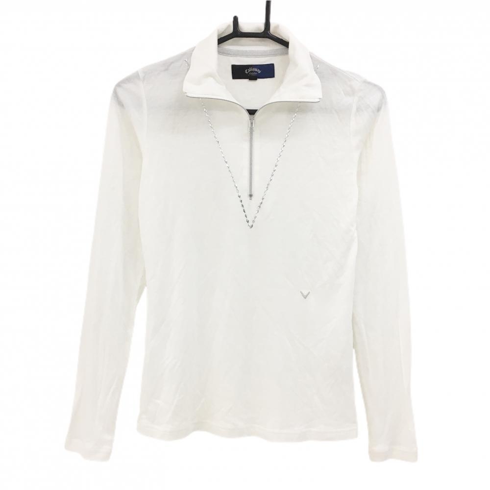 【美品】キャロウェイ 長袖ハイネックシャツ 白×シルバー ハーフジップ レディース M ゴルフウェア Callaway