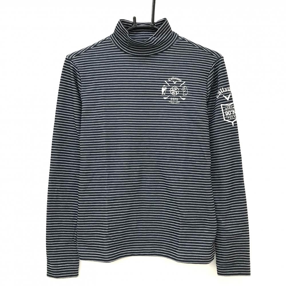 【超美品】キャロウェイ 長袖ハイネックシャツ ネイビー×白 ボーダー ロゴプリント アクリル混 レディース M ゴルフウェア Callaway