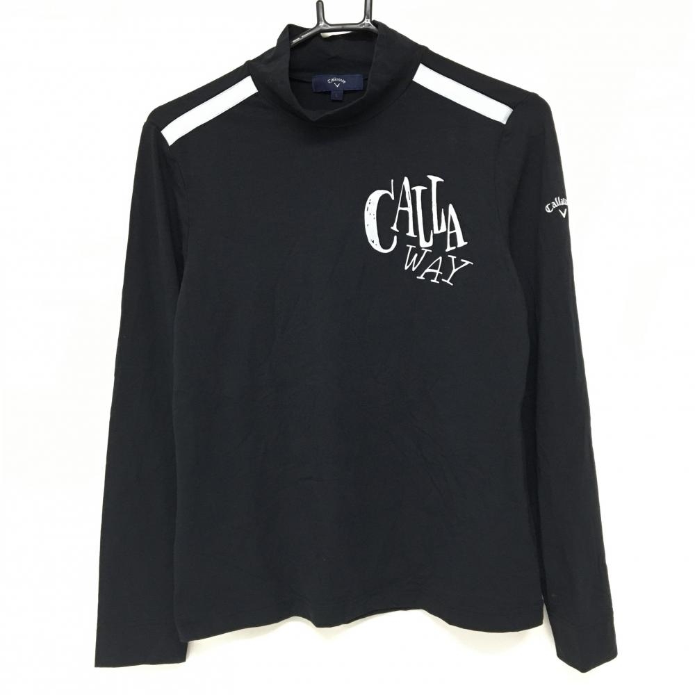キャロウェイ 長袖ハイネックシャツ 黒×ライトグレー ロゴプリント 袖刺しゅう  レディース L ゴルフウェア Callaway