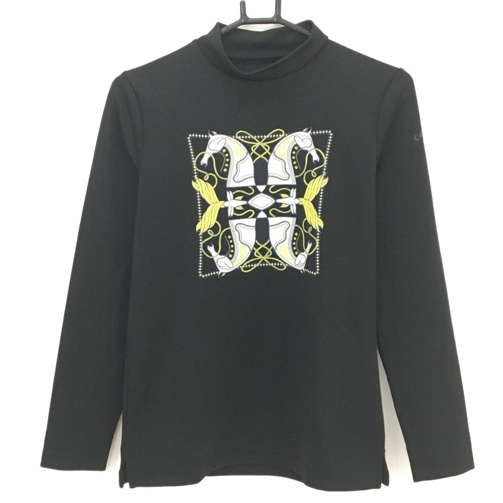 【超美品】キャロウェイ 長袖ハイネックシャツ 黒×イエロー×グレー フロントロゴプリント  レディース L ゴルフウェア Callaway
