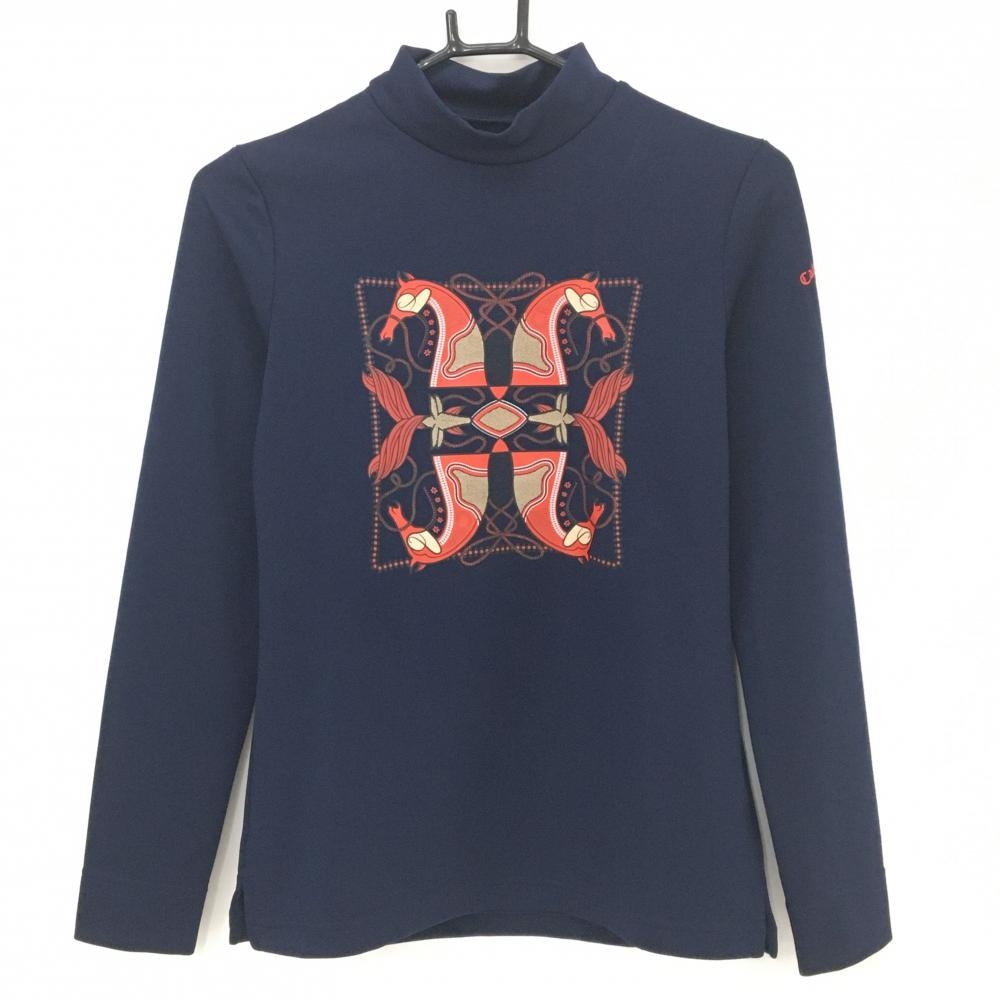 【新品】キャロウェイ 長袖ハイネックシャツ ネイビー×レッド×ベージュ フロントロゴプリント  レディース M ゴルフウェア Callaway