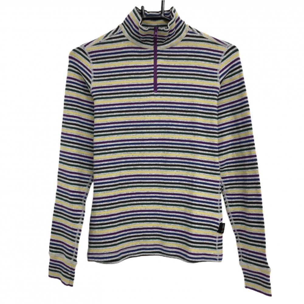 【美品】キャロウェイ 長袖ハイネックシャツ グレー×マルチカラー ハーフジップ ロゴ刺しゅう レディース L ゴルフウェア Callaway