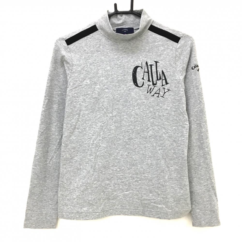 【美品】キャロウェイ 長袖ハイネックシャツ 杢グレー×黒 肩ライン ロゴプリント レディース M ゴルフウェア Callaway